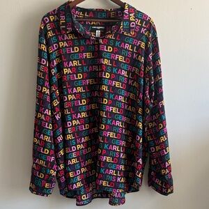 Karl Lagerfeld Paris Logo Print Blouse 3X Colorful Statement Button Front Top